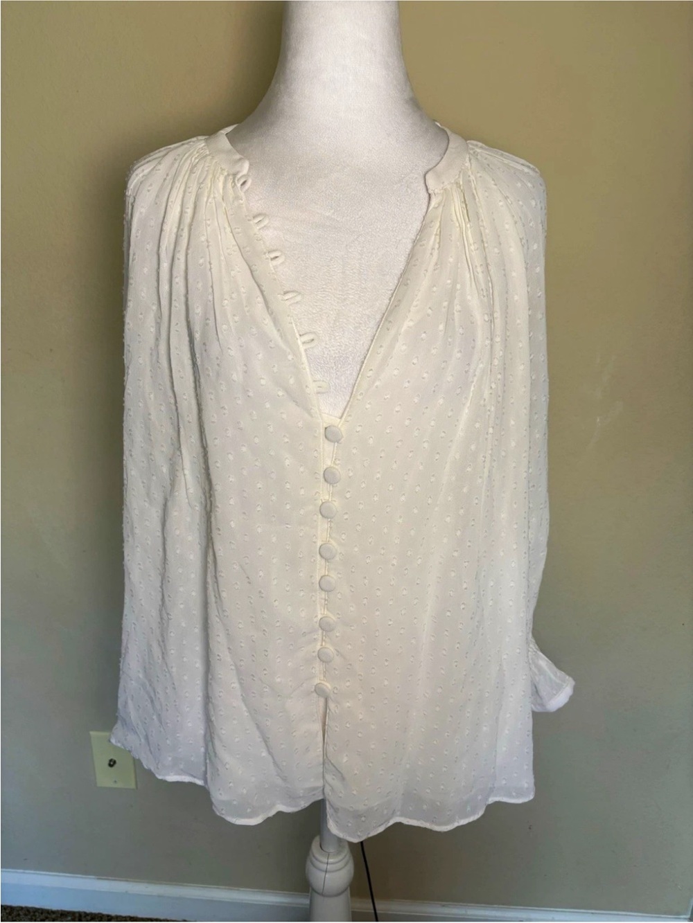 Zara White Swiss Dot Button-Front Blouse Semi Sheer size L NWT